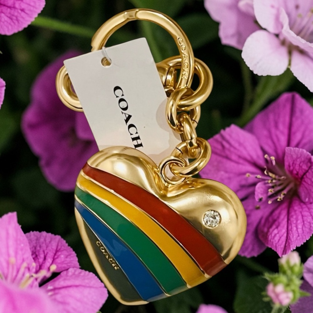 Coach heart bag charm key fob keychain brass and enamel NWT